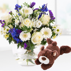 Blumenstrauß + Teddybär zur Geburt eines Jungen